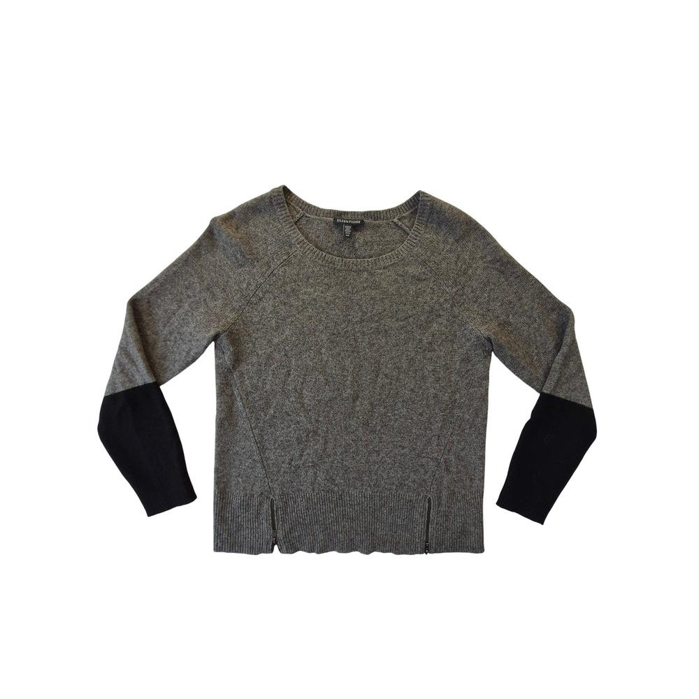 Eileen Fisher Yak Merino Wool Colorblock Sweater Women S Gray Black Side Zip